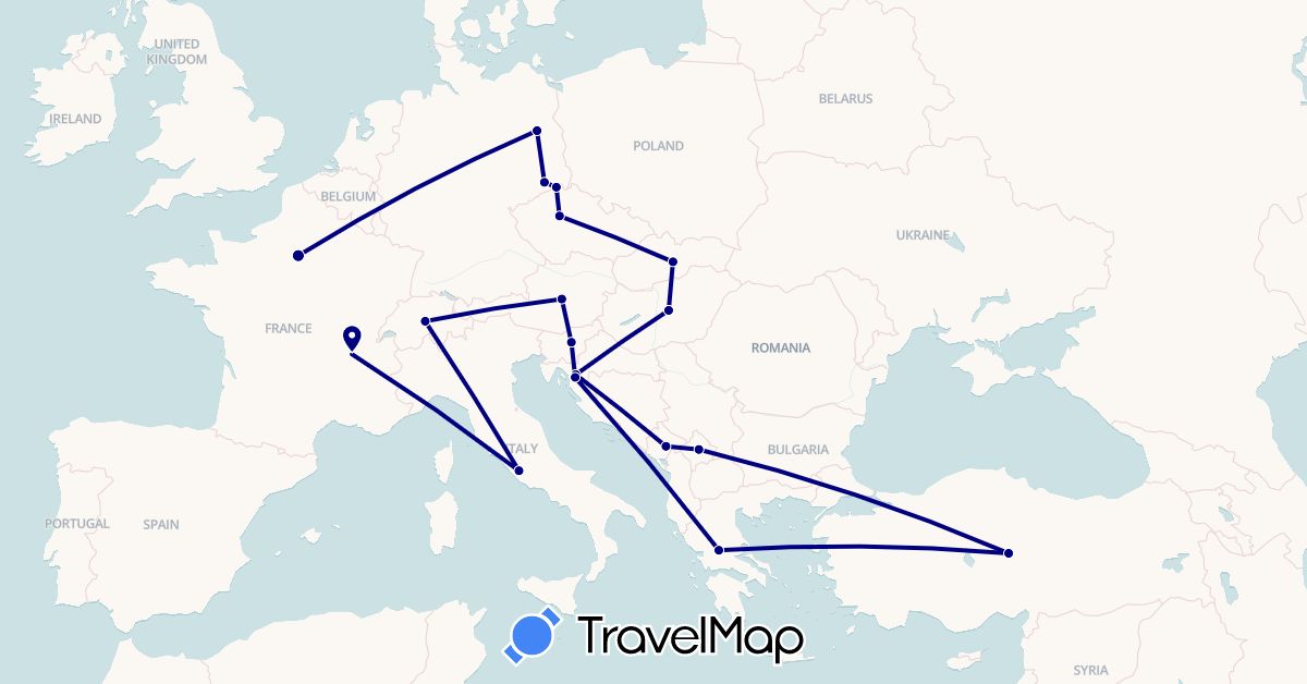 TravelMap itinerary: driving in Austria, Switzerland, Czech Republic, Germany, France, Greece, Croatia, Hungary, Italy, Montenegro, Slovenia, Slovakia, Turkey, Kosovo (Asia, Europe)