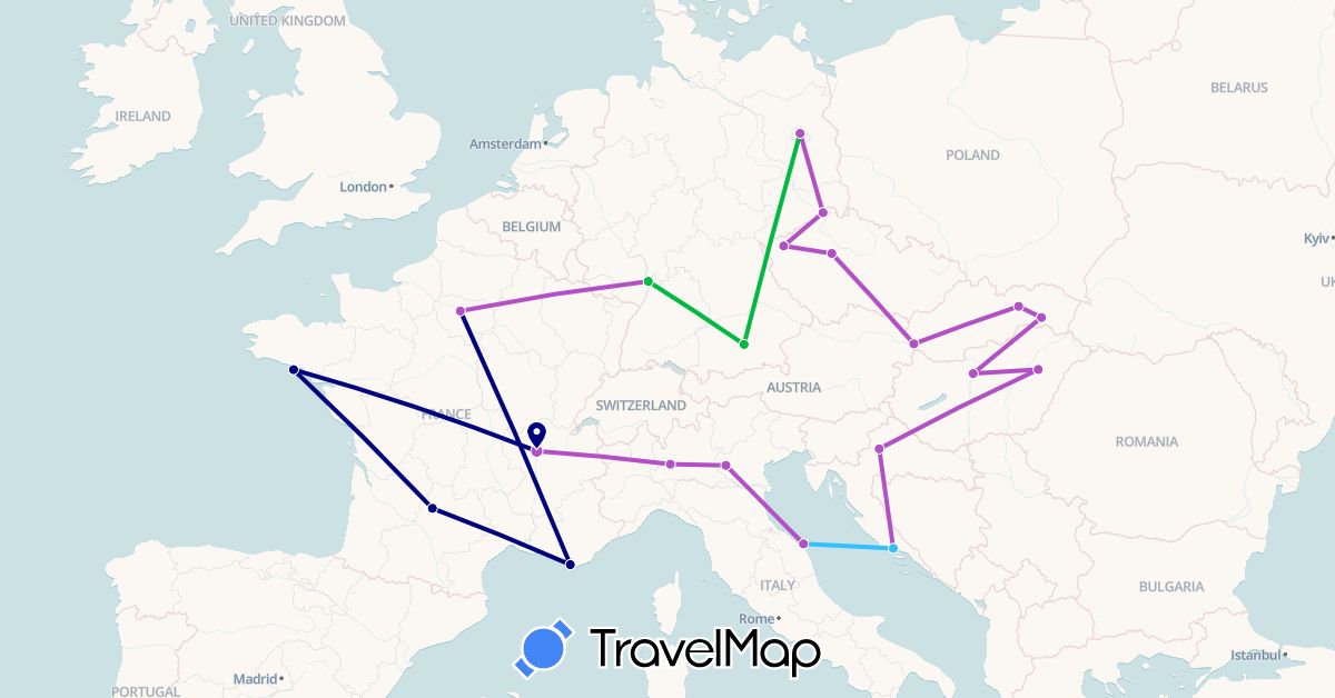 TravelMap itinerary: driving, bus, train, boat in Czech Republic, Germany, France, Croatia, Hungary, Italy, Slovakia (Europe)